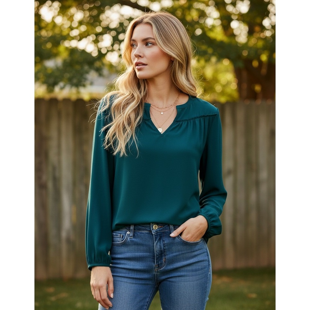 NEW Loft S Top Green Teal Shirred Split Neck Minimalist Coastal Boho Chic Office